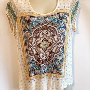 Lucky Brand Yellow Red Mandala Lotus Cotton T-Shirt top - 1X